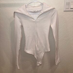 Good American White Ribbed Zip-Up Bodysuit